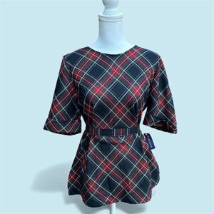 NWT VTG Pendleton Plaid Wool Belted Top Medium Made in USA Tartan Check Red Navy